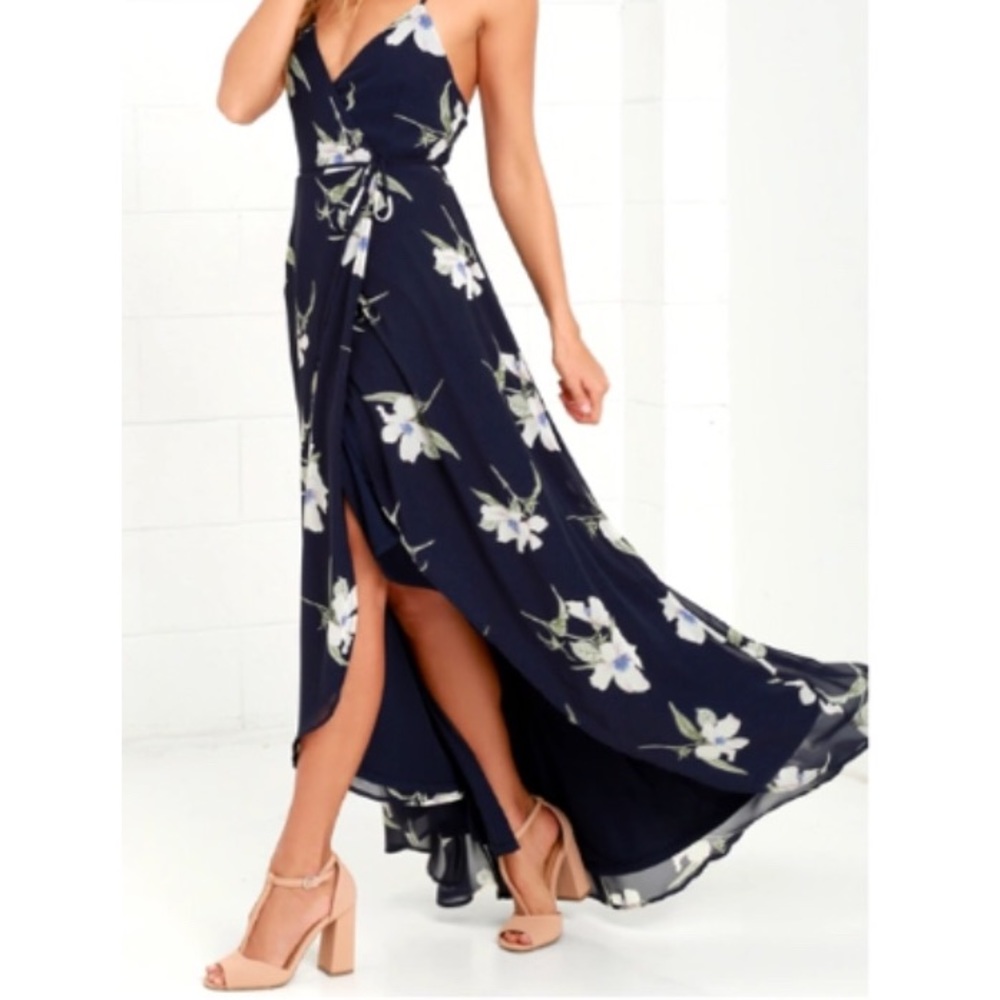 Lulus All Mine Navy Floral High-Low Wrap Dress